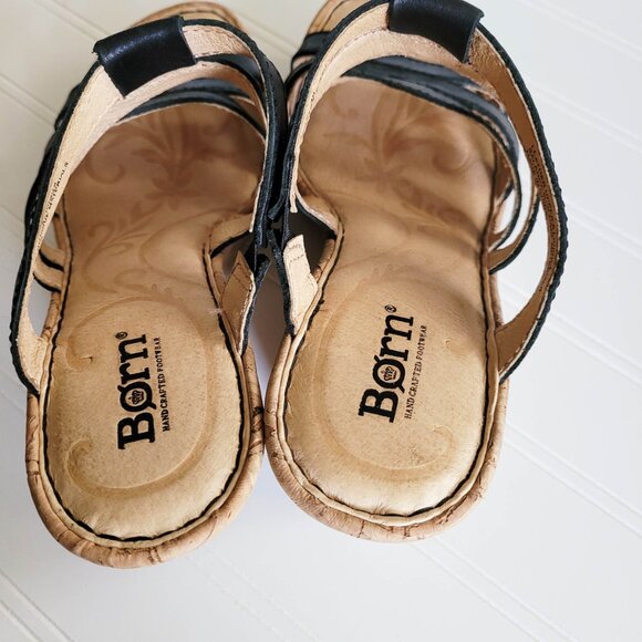 Born Lisi Sandals Womens 7 / 38 Black Leather Strappy Cork Wedge Heels Slides - Picture 6 of 12